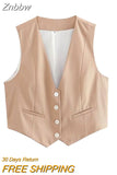 Znbbw TRAF Women V Neck Single Breasted Short Vest Office Lady Sleeveless Chic White Suit Business Slim Waistcoat Tops
