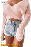 Znbbw Fashion Fall Winter Sexy Casual Cross Wrap Sweater Women Long Sleeve V Neck Solid Slim Fit Knitted Pullover Tops Crop Top