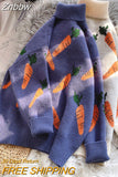 Znbbw Knitted Sweater Women Carrot Pattern Long Sleeve Pullover Loose High-necked Blue Yellow Sweater Autumn Winter 2023