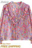 Znbbw TRAF Women Fashion With Ruffled Floral Print Shirts Women Vintage Long Sleeve Loose Female Blouses Chic Tops