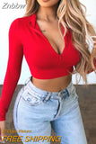 Znbbw Women Long Sleeve Crop Tops V Neck Zip Bandage T-Shirt Summer Beach Slim Fitness Bodycon Casual Solid Party Sexy Streetwear Top
