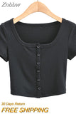 Znbbw Women Rib Button Through Short Sleeve Top