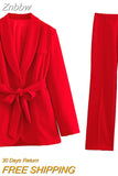 Znbbw Tops With Belt Pant Sets Women Fashion Single Button Jacket Trousers Autumn Winter Office Outfits Outwear