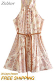 Znbbw TRAF Women Printed Dress 2023 Summer Resort Style Belted Bow Decoration Halter Sleeveless Dress