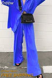 Znbbw Women Pleated Two Piece Sets Loose Wide Leg Trousers With Long Sleeve Blouses Elegant Casual Office Lady Home Suit Outfits Sets