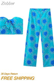 Znbbw Printed Wide Leg Pants Suit For Women Strapless Bow Crop Top Casual Trousers Two Pieces Set Summer Ladies High Street Sets