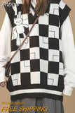 Znbbw Korean Style Plaid Green Sweater Vest Women Vintage Cartoon Print Knitted Jumper Female Sleeveless V-neck Autumn Tops