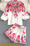 Znbbw Fashion Spring Runway 2 Piece Sets For Women Turn Down Collar Floral Print Blouse And Shorts Suit Office Lady Outfits