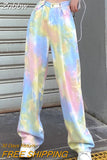 Znbbw oversized tie-dye jeans women new ins casual high waist contrast rainbow jeans street fashion loose wild wide-leg pants