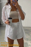 Znbbw Women Tracksuits Shirt Shorts Two Piece Sets Long Sleeve Blouse And Mini Shorts Suits Summer Casual Fashion Loose Female Outfits