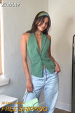 Znbbw TRAF Summer Fashion Sexy Women Green Vest Women Halter Sleeveless Backless Top Female Y2K Tanks