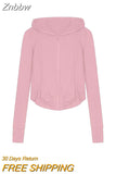 Znbbw Vintage Zip Up Hooded T Shirts Women Y2K Harajuku Sexy Slim Sun-proof Crop Tops Streetwear Casual Basic Tees Tracksuit