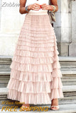 Znbbw Streetwear Fashion Mesh Layered Cake Skirt Elegant High Waist Swing Club Party Skirt Office Lady Sweet Pleated Long Skirt