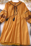 Znbbw Women Summer Dress Vintage Ethnic Embroidery V-neck Lace Up Foreign Style Lantern Sleeve Loose Temperament Dress D2799