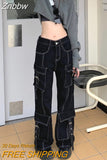 Znbbw Vintage High Waist Streetwear Denim Pants Black Clothes Pockets Straight Wide Leg Trousers Baggy Jeans Women Cargo Pants