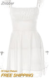 Znbbw Elegant White Lace Strap Mini Dress For Women Fashion Sleeveless Backless Loose Sexy Short Dresses Vestido Clubwear