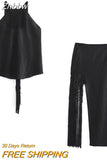 Znbbw TRAF Y2K Tassels Women 2 Piece Sets 2023 Summer Sleeveless Backless Halter Crop Top Female Asymmetric Midi Skirt Suits