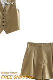 Znbbw TRAF Summer Linen Suits Women Buttons Sleeveless Thin Vest Crop Top Female Pleated Shorts Set Women 2 Piece Set