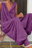 Znbbw Women Solid Hooded Jumpsuit Summer Casual V-neck Sleeveless Button Cross-pants Streetwear Female Loose Retro Romper Playsuits