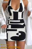 Znbbw New Vintage Sexy Printed Tie Up Halter Knitted Slip Dress Women Sleeveless Backless Bodycon Mini Dress for Club Party