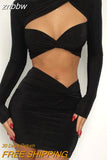 znbbw Sexy Hollow Out Dress Set Women Outfit Full Sleeve Crop Top And Ruched Mini Skirt Matching Sets Ladies Two Piece Suit