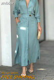 znbbw Fashion Slit Solid Shirt Dress Women Casual V Neck Lapel Full Sleeve With Pockets Long Skirt Spring Lady Streetwear Dresses