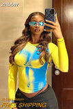 znbbw Spring Sexy Graphic T Shirt Summer Clothes For Women 2023 Yellow Long Sleeve O Neck Tops Female Tees White Tee Shirt