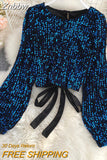 Znbbw WomenSpring Auttumn Blouse New All-match Sequins O-Neck Shirts Long-sleeved Open Back Lace-up Bow Short Tops Female Blusa GX1082