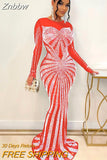Znbbw Women Sexy Mesh See Through Rhinestone Maxi Dress Female Full Sleeve Night Clubwear 2023 New Fashion Floor-length Dresses