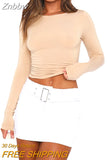 Znbbw Women's Slim Fit Going Out Crop Tops Casual Solid Color Crew Neck Long Sleeve Tight Tee Shirt Basic Streetwear 90s y2k Tees