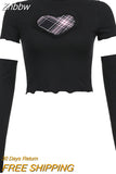 Znbbw Women Girls Sweet Sexy Punk Plaid Heart Patchwork T-Shirts Short Sleeve O Neck Slim Fit Casual Crop Top With Sleeve Streetwear