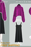 Znbbw Women's Autumn Winter Pink Sweater Korean Lady Casual Knit Pullover Black Dress Two Piece Set 2023 New Elegant Outfits