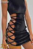 Znbbw Mock Neck Hollow Out Side Sexy Night Club Outfit Women Sleeveless Summer 2023 Bodycon Velvet Short Dresses