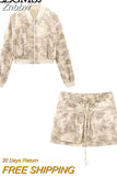 Znbbw TRAF Women Spring Pilot Jackets Skirt Sets 2023 Print Long Sleeved Short Coats Pockets Elastic Waist Mini Skirts Outwear