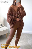 znbbw Women Knitting Two Pieces Sweater Suit Hemp Flower V-Neck Single-Breasted Cardigan + Pants Lady Winter Casual Sweater Set