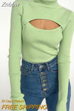 Znbbw Autumn Turtleneck Long Sleeve Hollow Out Slim Knitted Sweaters Women Fashion Sexy Ribber Knitwear Pullover Warm Sweater Top