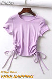 Znbbw Side Drawstring Tie Up Ruched Tank Tops Women Solid Color Slim Crop Top Ladies Streetwear Ribbed Knitted Tees