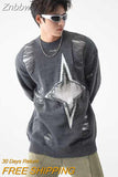 Znbbw Men's Sweater Y2k Vintage Star Fringe Hole-breaking Pullover Loose Knitted Jumper Sweaters Fashion Mens Designer Clothes
