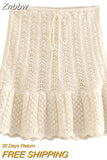 Znbbw TRAF Y2K Hollow Out Knitted Women Summer 2 Piece Sets 2023 Thin Sleeveless Crop Top Female Ruffles Mini Skirt Suits