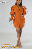 Znbbw Up Lantern Blazer Style Mini Dress Women Fashion Single Breasted Long Sleeve Dresses Autumn Winter Female Slim Clothing