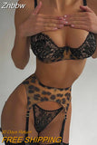 Znbbw Leopard Lingerie Lace Patchwork Underwear Set 3-Piece See Through Bra and Panty Uncensored Sexy Seamless Intimate Kits