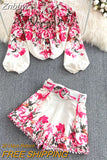 Znbbw Fashion Spring Runway 2 Piece Sets For Women Turn Down Collar Floral Print Blouse And Shorts Suit Office Lady Outfits
