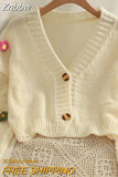 Znbbw Kawaii Y2K Cropped Cardigan Women Harajuku Sweet 3D Flower Knitted Sweater Korean V-neck All-match Tops Aesthetic 2000s