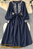 Znbbw Bohemian Lndie Folk Style Dress Women Embroidery Vintage Waist Cotton and Linen Holiday Dress Women Lace Up Long Dress G01