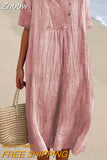 Znbbw V-neck Short Sleeve Pleated Long Dress Simple Solid Color Loose Women Dress 2023 Summer Beach Cotton Linen Dress Vestidos