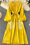 Znbbw New Spring Autumn Women's Embroidered Dress V-neck Tie Split Retro Indie Folk Style Holiday Beach Long Dress Women GD679