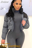 Znbbw Winter Jacket Women Stand Collar Patchwork Puffer Parka Outwear Elastic Hem Warm Zipper Front Crop Coats