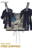 znbbw Women's Suits New Summer 2023 Korean Fashion Cute Little Bear Print Jacquard Crop Bow Suspender Tops High Waist Mini Skirts