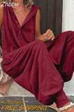 Znbbw Women Solid Hooded Jumpsuit Summer Casual V-neck Sleeveless Button Cross-pants Streetwear Female Loose Retro Romper Playsuits