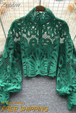 Znbbw 2023 New Fashion Blouse Female Hollow Lantern Sleeve Temperament Blusa Stand-up Collar Slim Short Lace Shirt C342
